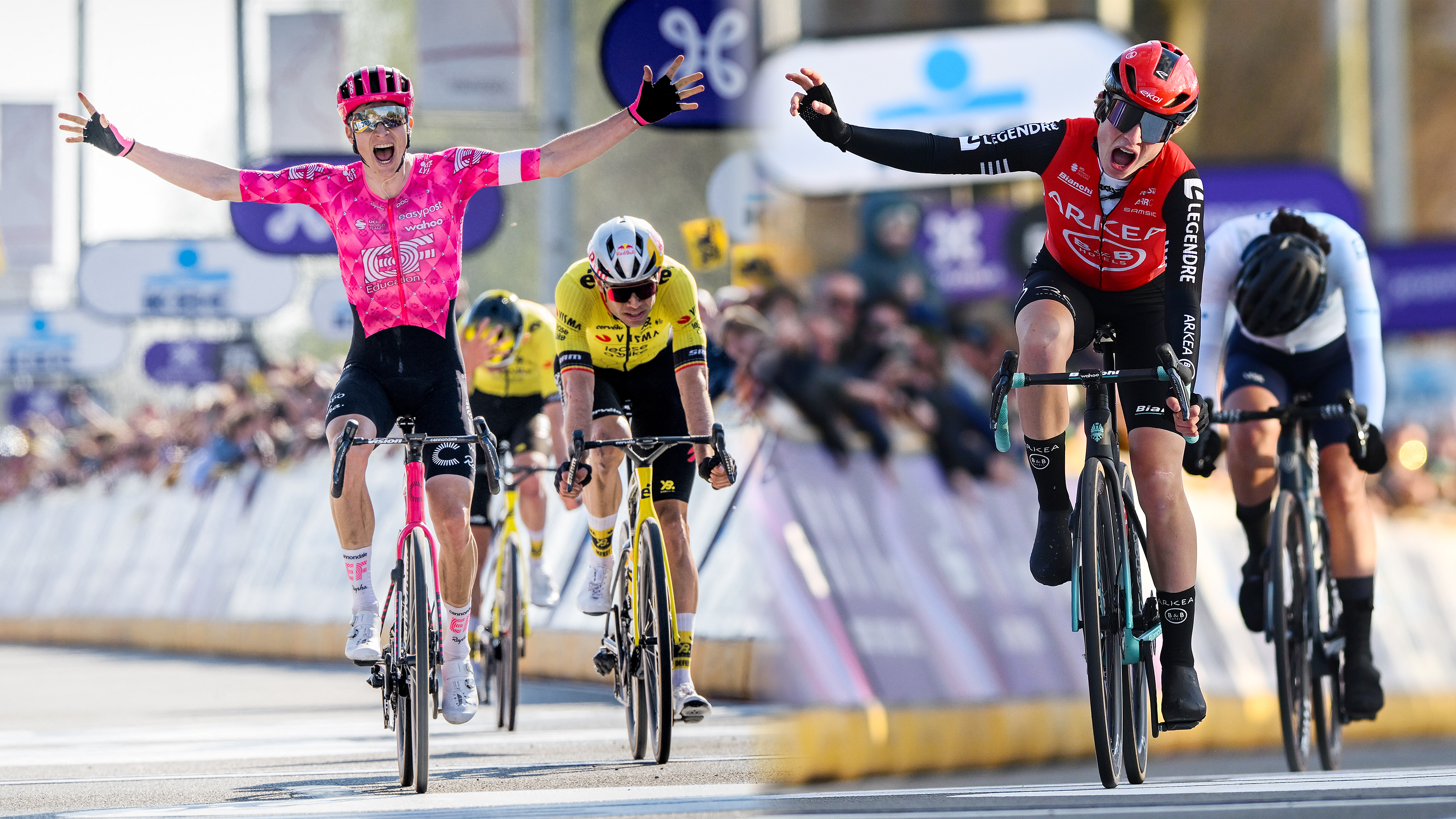 Collage image of Neilson Powless winnig Dwars door Vlaanderen and Lotte Claes winning Omloop Het Nieuwsblad in 2025