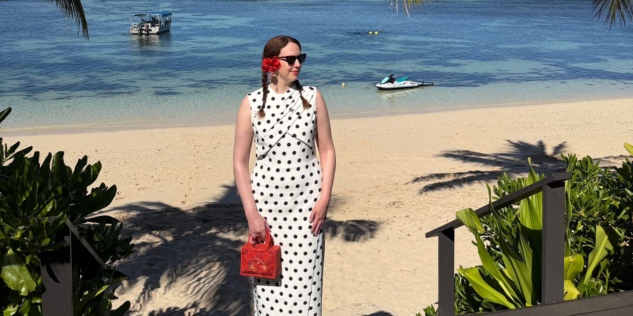 Fashion editor Erin Fitzpatrick wears a polka dot dress in Fiji 