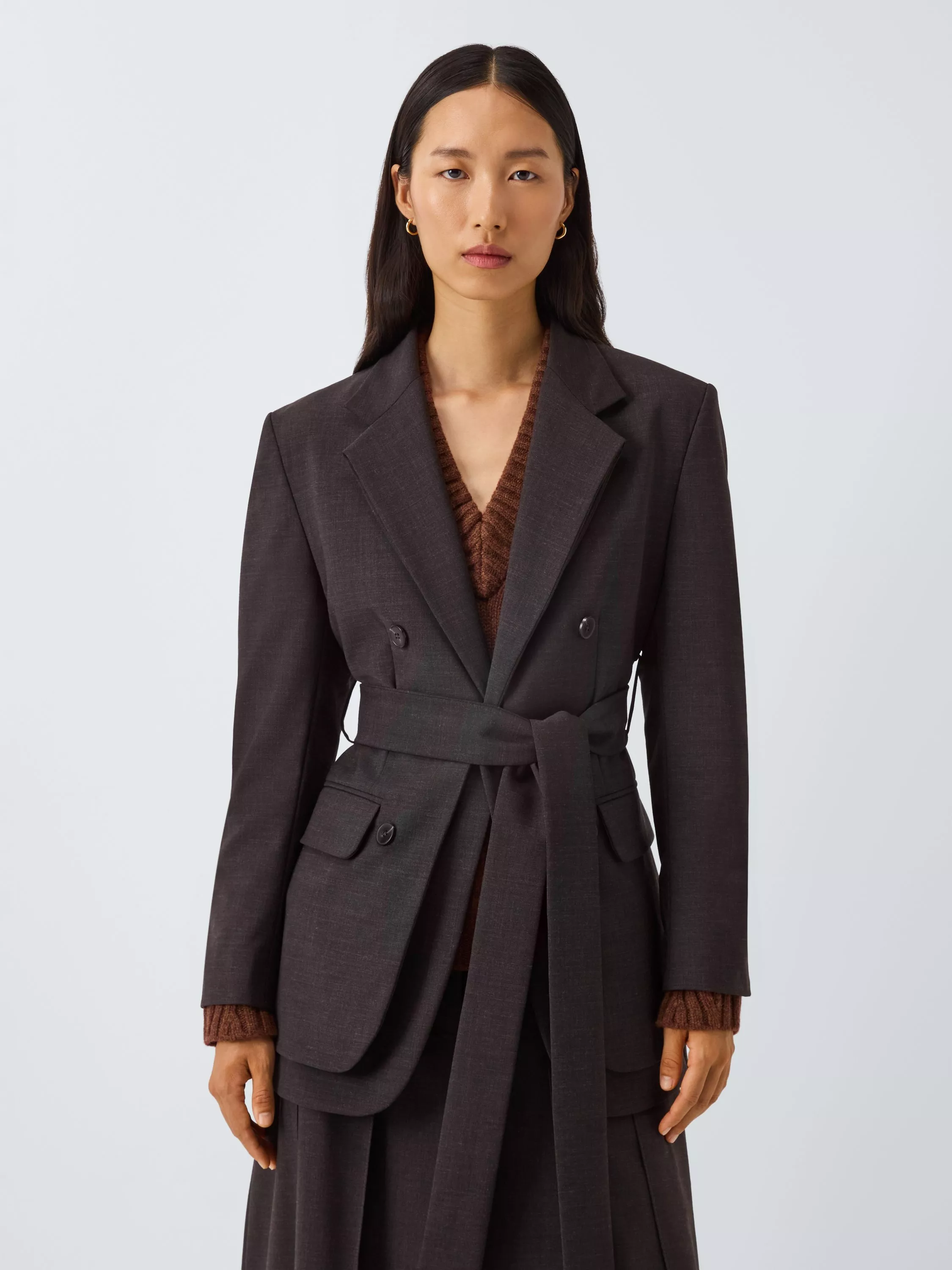 John Lewis X Rejina Pyo Slim Fit Double Layer Wool Blend Belted Blazer, Chocolate