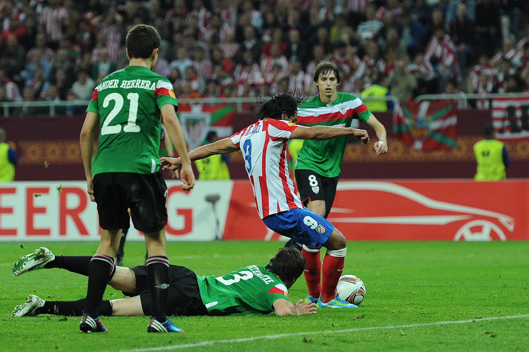 Radamel Falcao scores for Atletico Madrid against Athletic Club in the 2012 Europa League final.