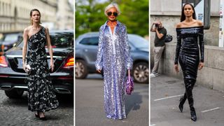 A composite of three street style influencers wearing Christmas party outfits - a sequin dress