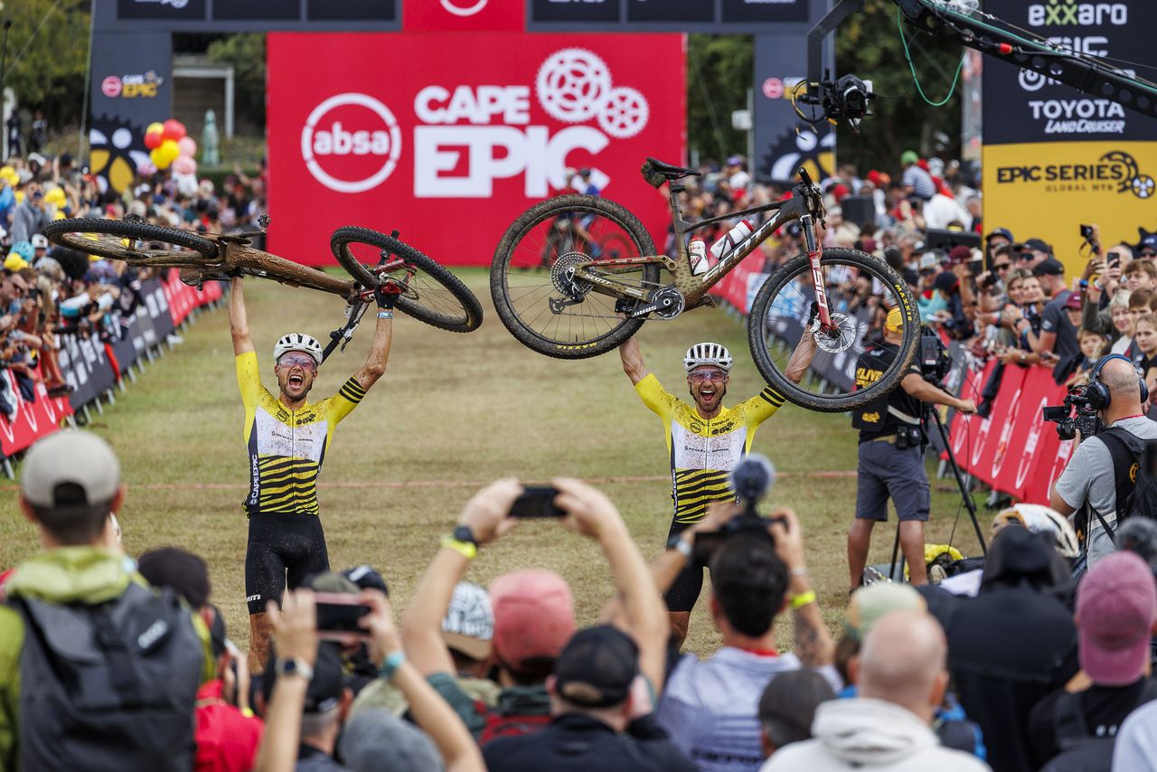 Schurter and Colombo celebrate men's GC win after Stage 7 of the 2025 Absa Cape Epic Mountain Bike stage race held at Lourensford Wine Estate, Somerset West, Cape Town, South Africa on the 23rd March 2025. Photo by Sam Clark/Cape EpicPLEASE ENSURE THE APPROPRIATE CREDIT IS GIVEN TO THE PHOTOGRAPHER AND ABSA CAPE EPIC
