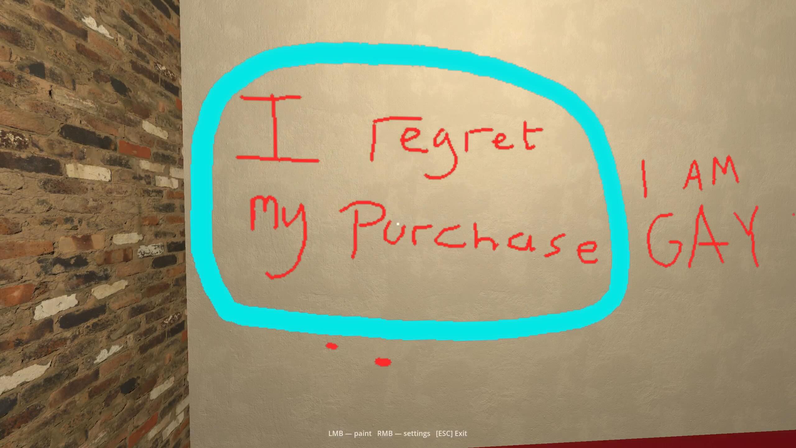 Wall graffiti reading 'I regret my purchase'.