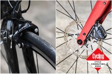 Image shows one commuting bike with disc brakes and another with rim brakes