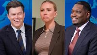 In three side-by-side images, Colin Jost and Michael Che are shown wearing suits laughing during SNL's Weekend Update, while Scarlett Johansson is shown looking unhappy during a sketch on SNL.