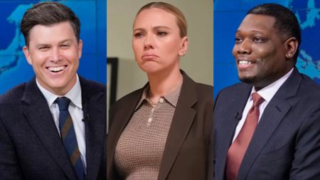 In three side-by-side images, Colin Jost and Michael Che are shown wearing suits laughing during SNL's Weekend Update, while Scarlett Johansson is shown looking unhappy during a sketch on SNL.