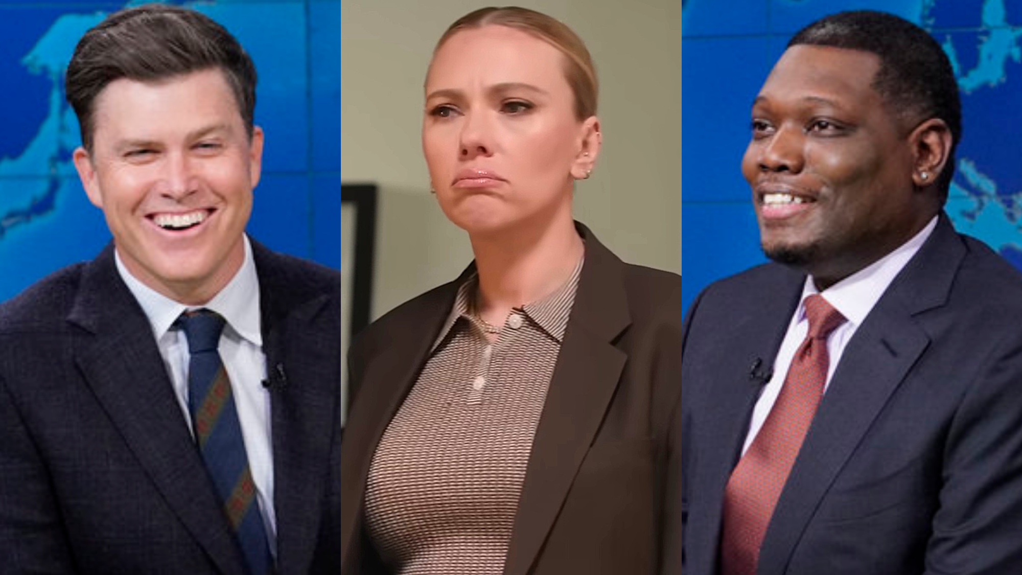 In three side-by-side images, Colin Jost and Michael Che are shown wearing suits laughing during SNL's Weekend Update, while Scarlett Johansson is shown looking unhappy during a sketch on SNL.