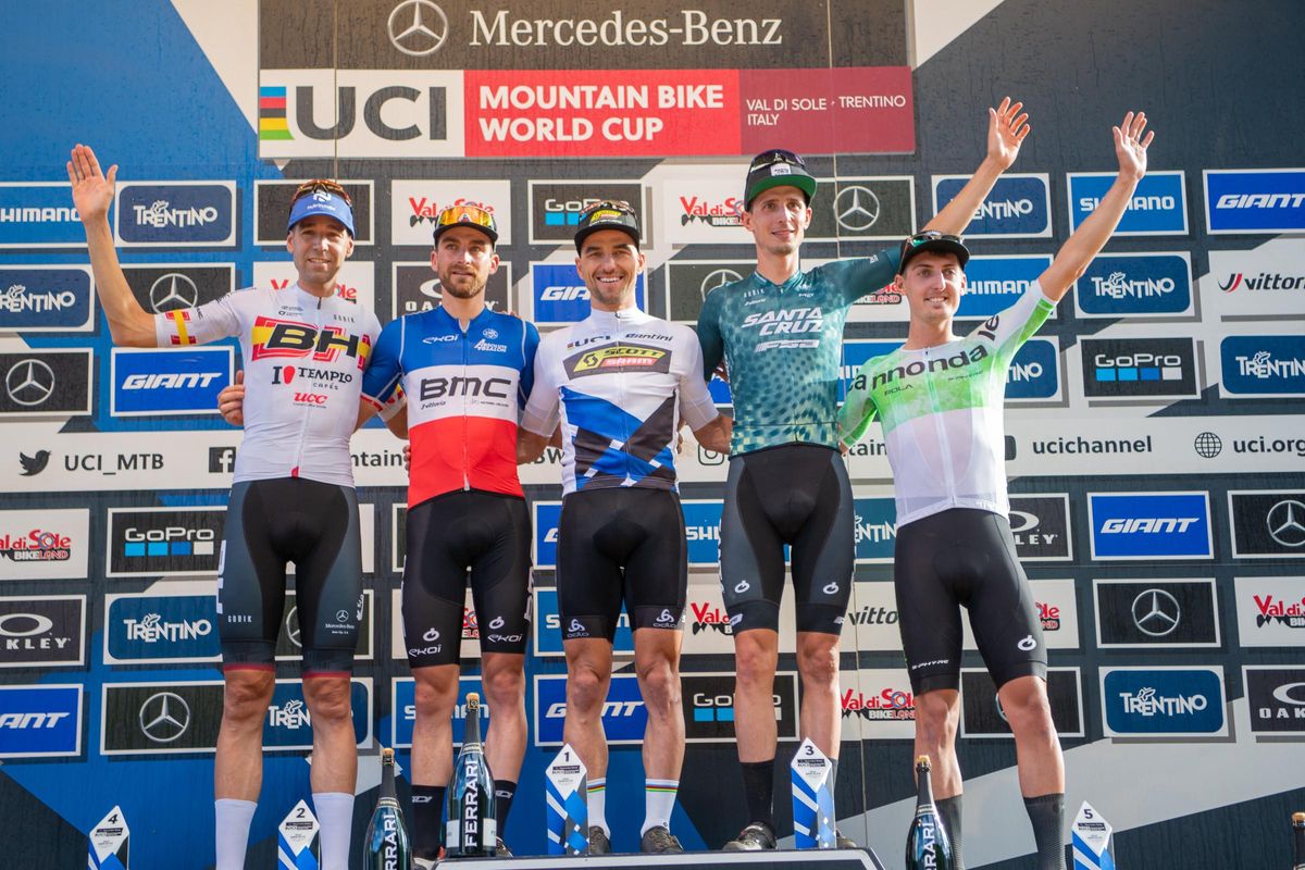 Final World Cup overall: l to r - David Valero Serrano, Titouan Carod, Nino Schurter, Luca Braidot, Alan Hatherly