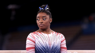 Simone Biles of Team United States prepping for the gymnastics live stream at Olympics 2024