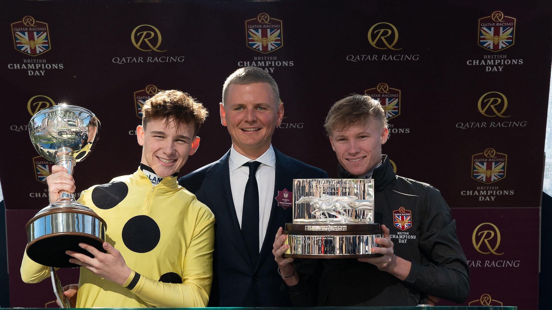 Alamy Live News. 3FW4RKT 17 October 2026. Billy Loughnane crowned Champion Jockey. Trainer George Boughey (M) and Champion Apprentice Jockey Jack Callan (R). Credit: Maureen McLean/Alamy Live News