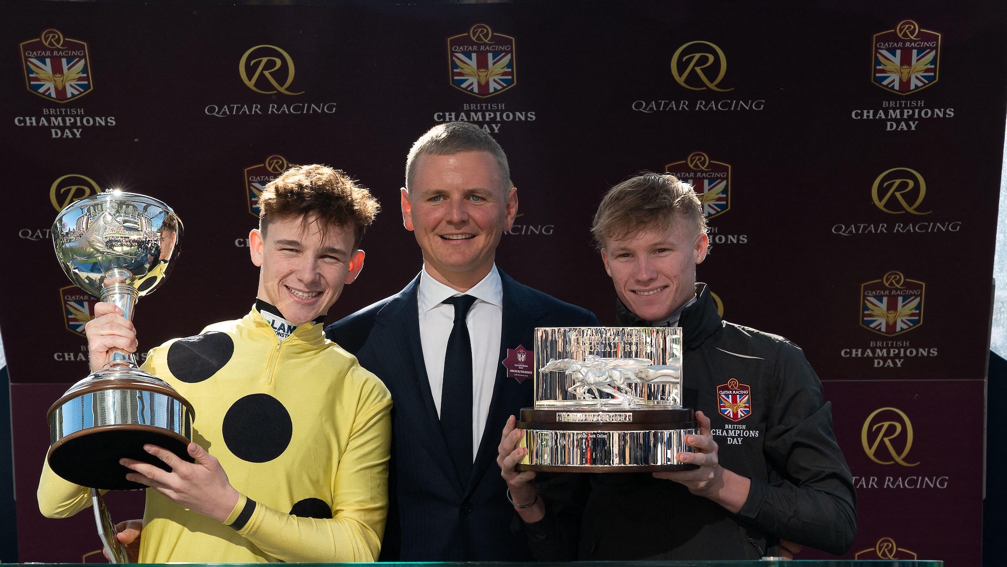 Alamy Live News. 3FW4RKT 17 October 2026. Billy Loughnane crowned Champion Jockey. Trainer George Boughey (M) and Champion Apprentice Jockey Jack Callan (R). Credit: Maureen McLean/Alamy Live News