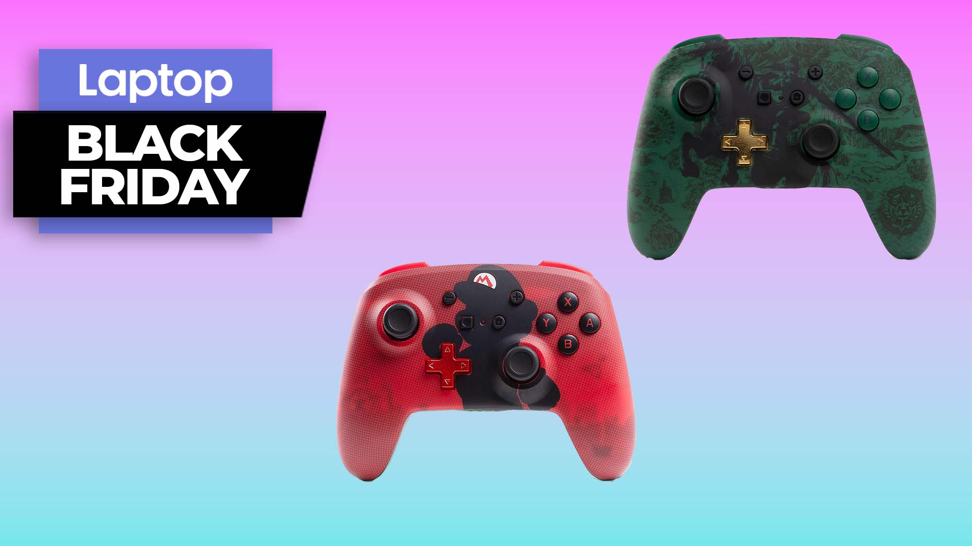 PowerA Enhanced Wireless Controllers for Nintendo Switch on a gradient background with a Black Friday laptop banner in the upper-left corner.