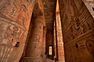 Pillars of hieroglyphs line the Medinet Habu, or Mortuary Temple of Ramesses III.