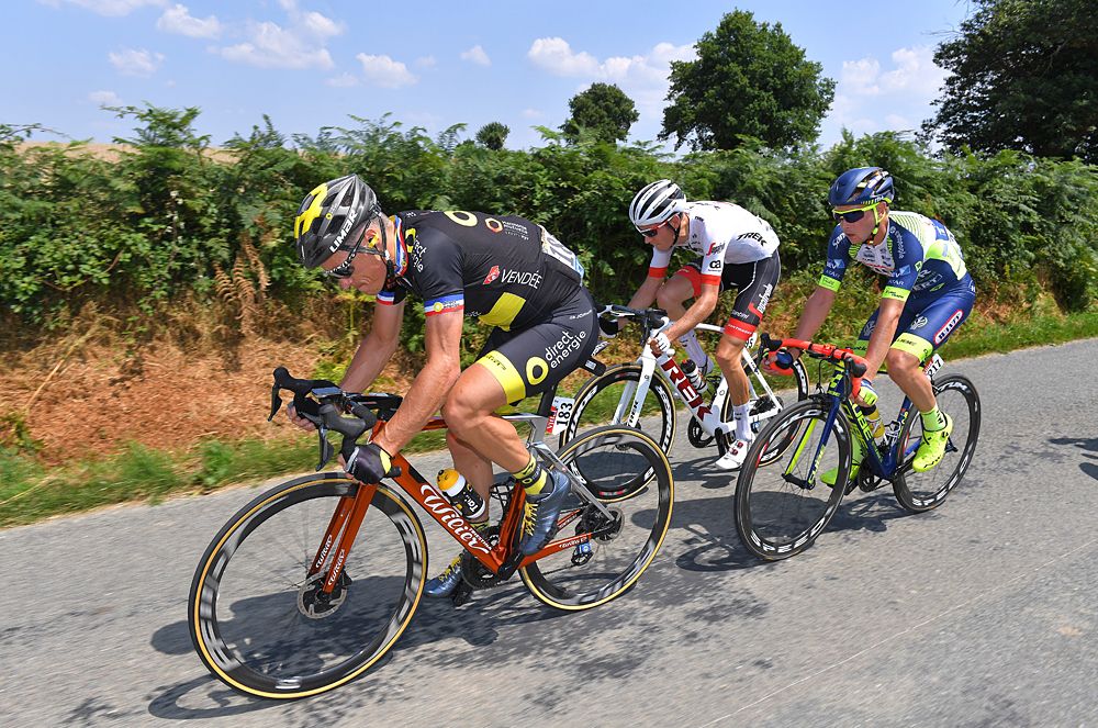 Tour de France stage 2 breakaway: Dion Smith of New Zealand and Team Wanty Groupe Gobert / Michael Gogl of Austria and Team Trek Segafredo / Sylvain Chavanel of France and Team Direct Energie