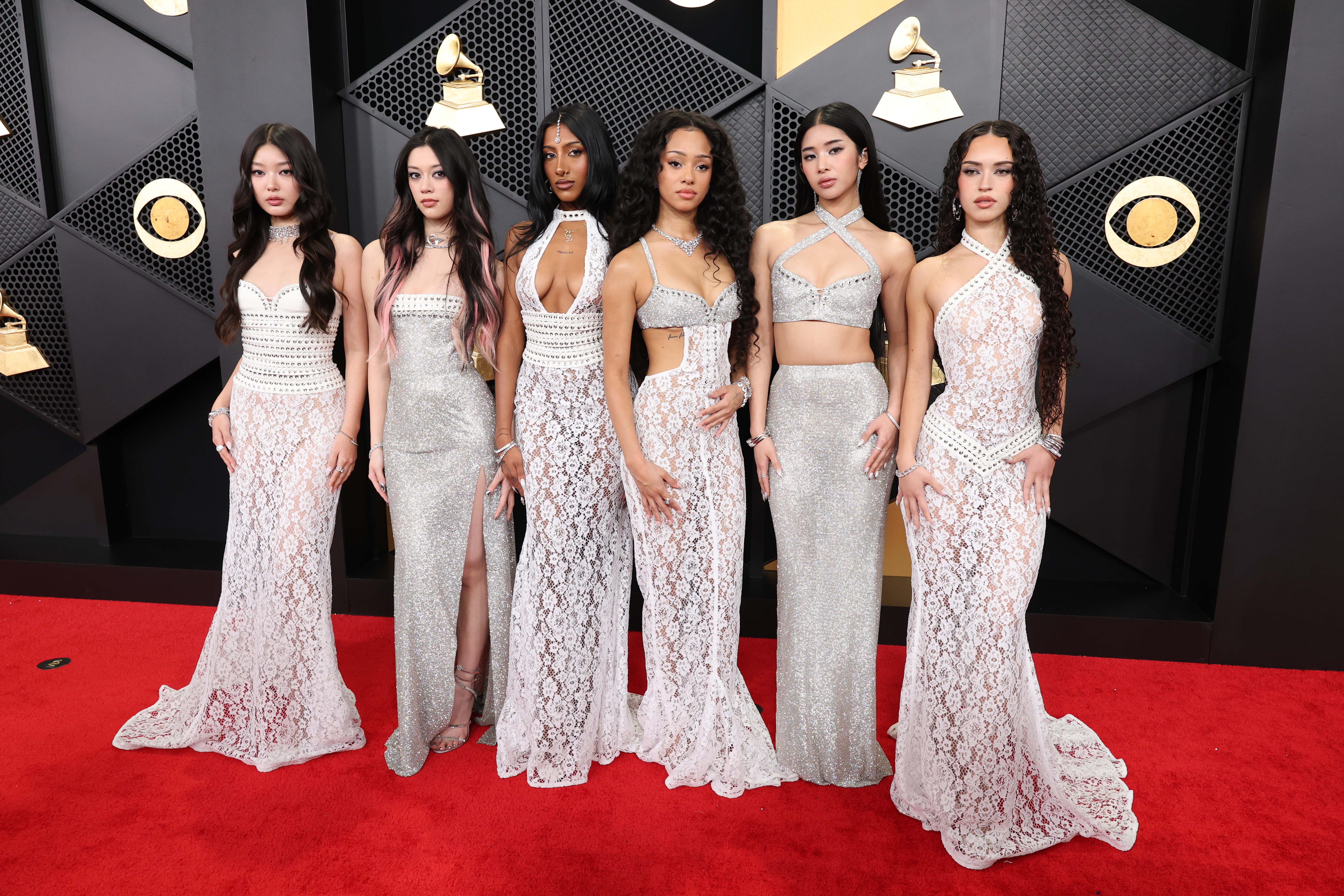 Yoonchae Jeung, Megan Skiendiel, Lara Raj, Manon Bannerman, Sophia Laforteza and Daniela Avanzini of KATSEYE attend the 68th GRAMMY Awards at Crypto.com Arena on February 01, 2026 in Los Angeles, California.