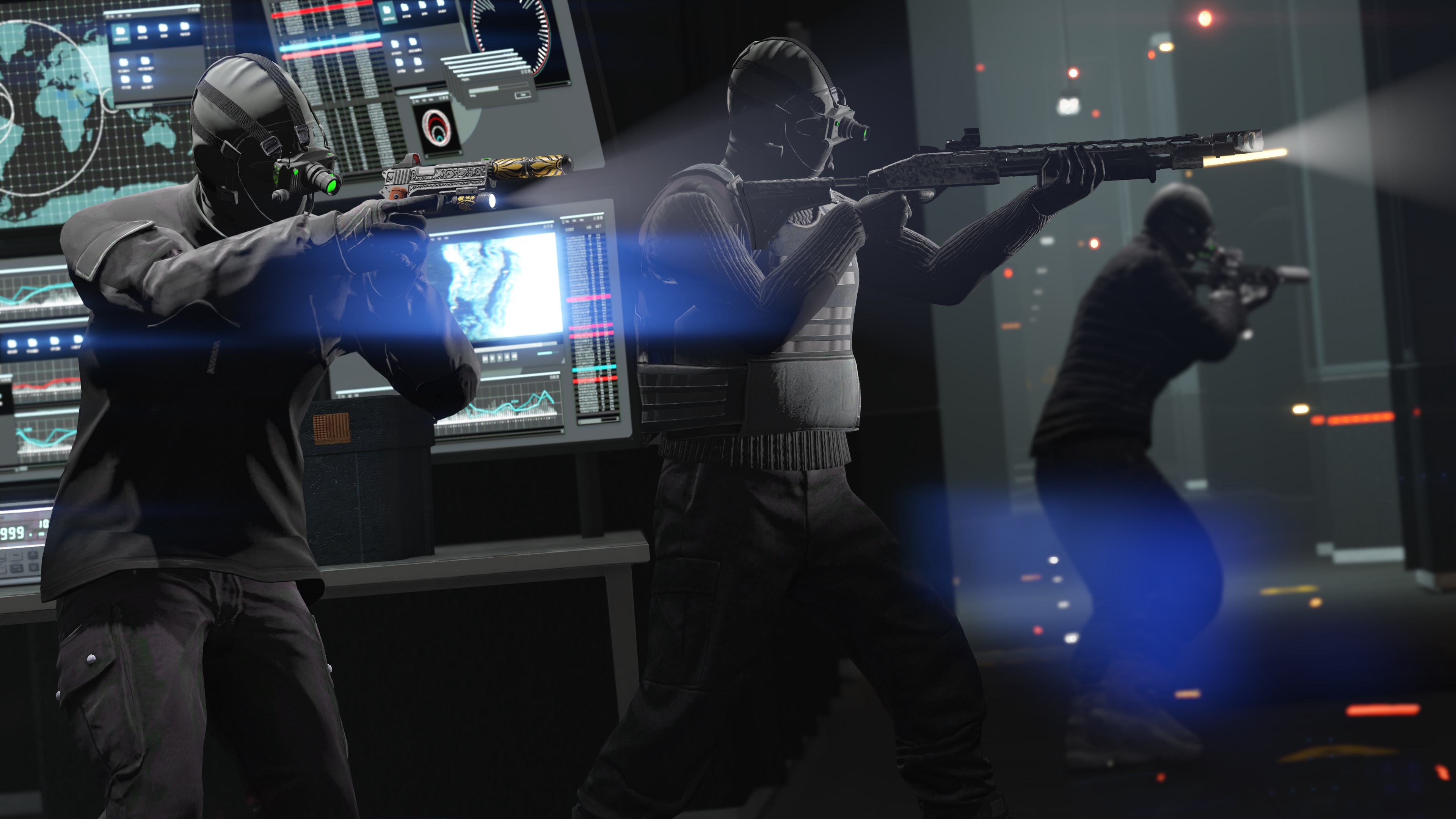 Three masked characters wielding guns in a skyscraper in GTA Online
