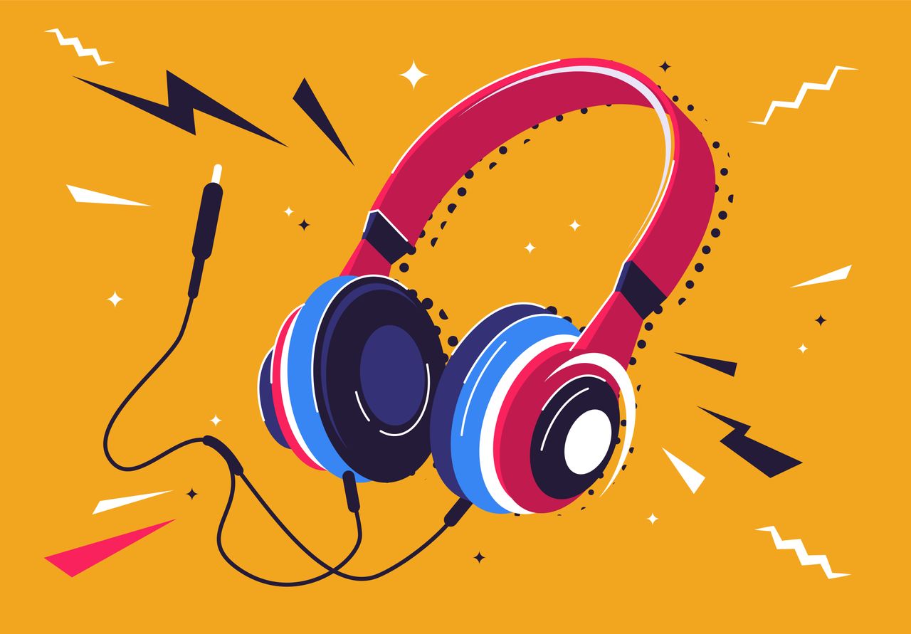 An illustration of a pair of colorful headphones