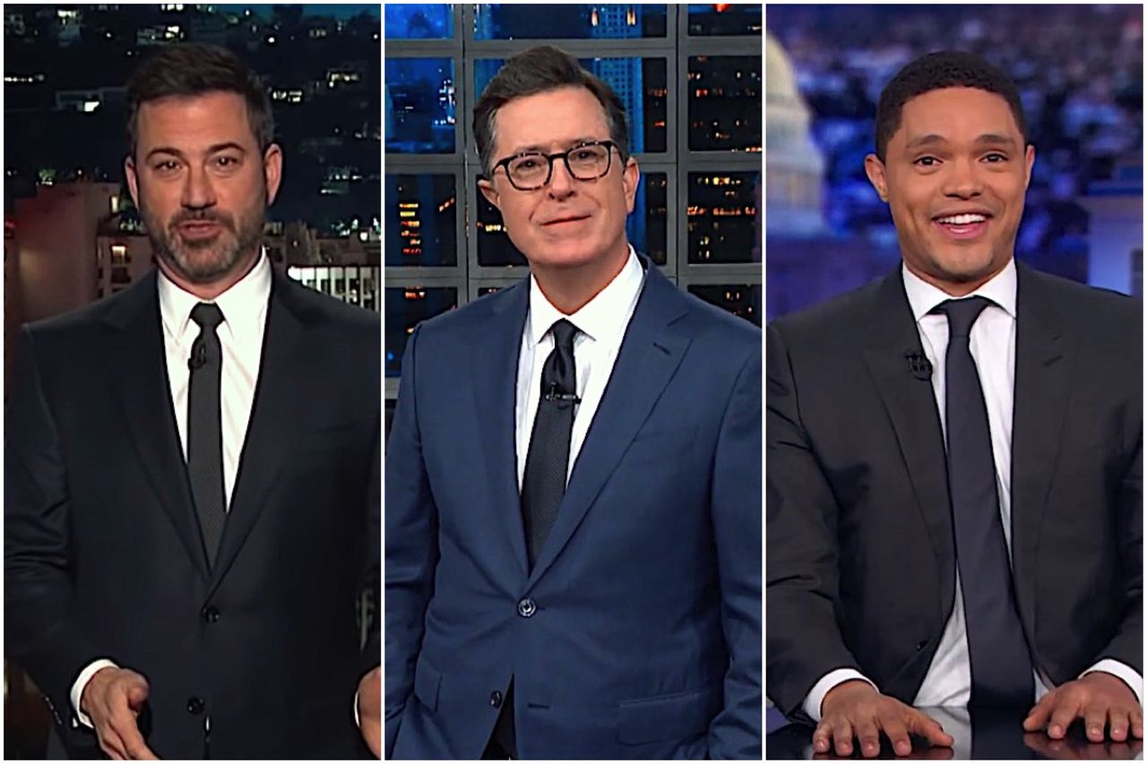 Stephen Colbert, Trevor Noah, and Jimmy Kimmel mock Trump&amp;#039;s wall versus wheel lesson