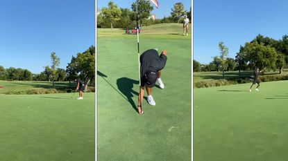 A golfer holing a putt and picking a golf ball out a hole