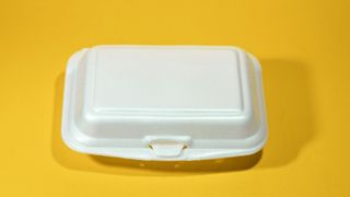 styrofoam container against a yellow background
