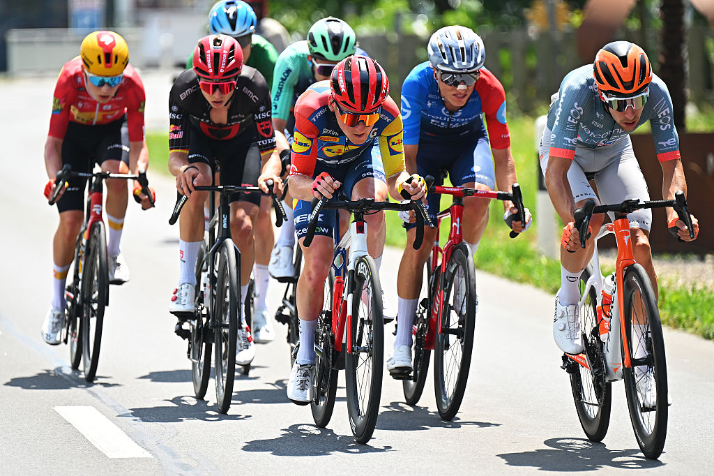 BAD RAGAZ, SWITZERLAND - JUNE 19: (L-R) Sam Oomen of Netherlands and Team Lidl - Trek and Axel Laurance of France and Netcompany INEOS Cycling Team compete in the breakaway during the 89th Tour de Suisse 2026, Stage 3 a 157.4km stage from Bad Ragaz to Bad Ragaz / #UCIWT / on June 19, 2026 in Bad Ragaz, Switzerland. (Photo by Tim de Waele/Getty Images)