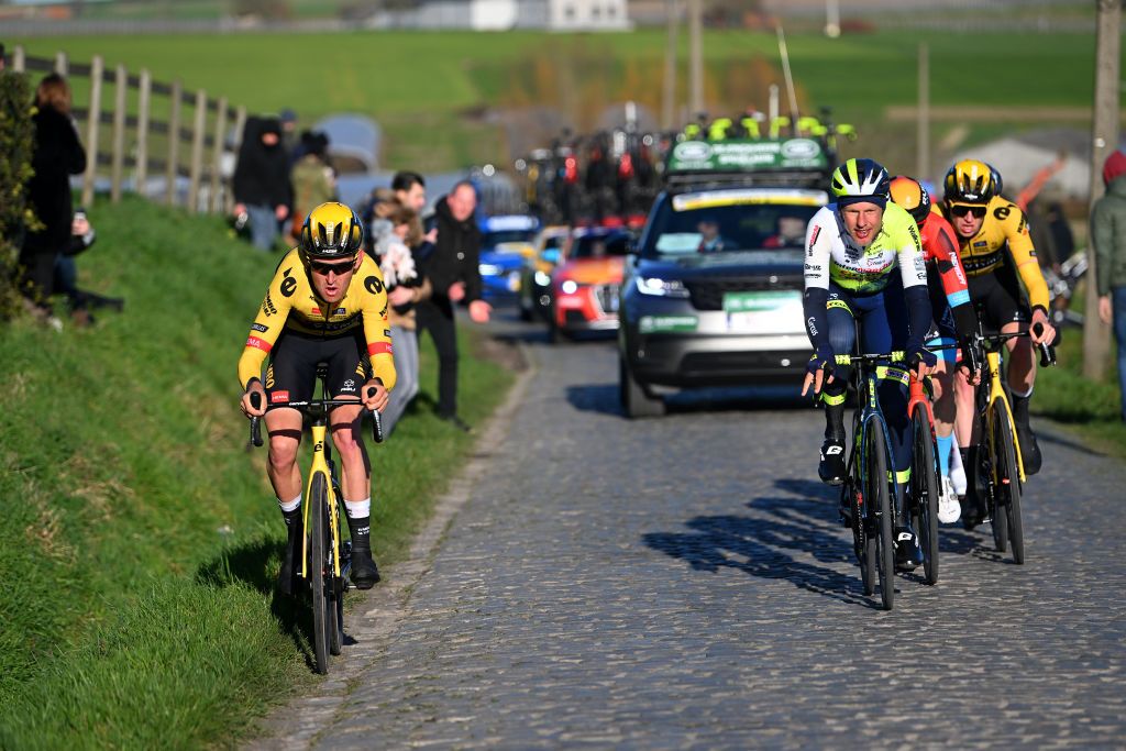 KUURNE BELGIUM FEBRUARY 26 LR Tiesj Benoot of Belgium and Team JumboVisma and Taco Van Der Hoorn of The Netherlands and Team Intermarch Circus Wanty compete in the breakaway during the 75th Kuurne Bruxelles Kuurne 2023 a 1931km one day race from Kuurne to Kuurne kuurnebrusselkuurne on February 26 2023 in Kuurne Belgium Photo by Luc ClaessenGetty Images