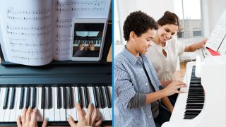 Images of an online and face to face piano lesson side-by-side