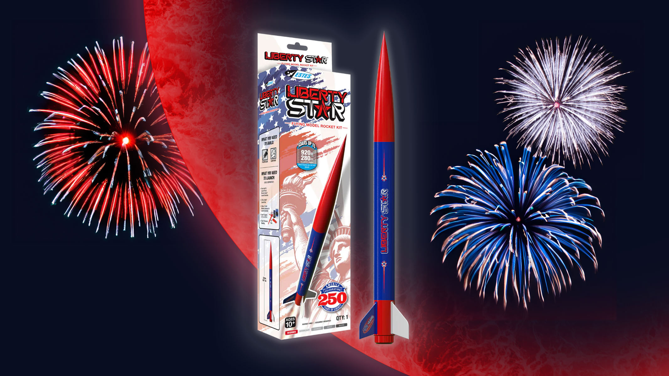 The Estes Liberty Star rocket and packaging against a red planet background with red, white and blue fireworks. 