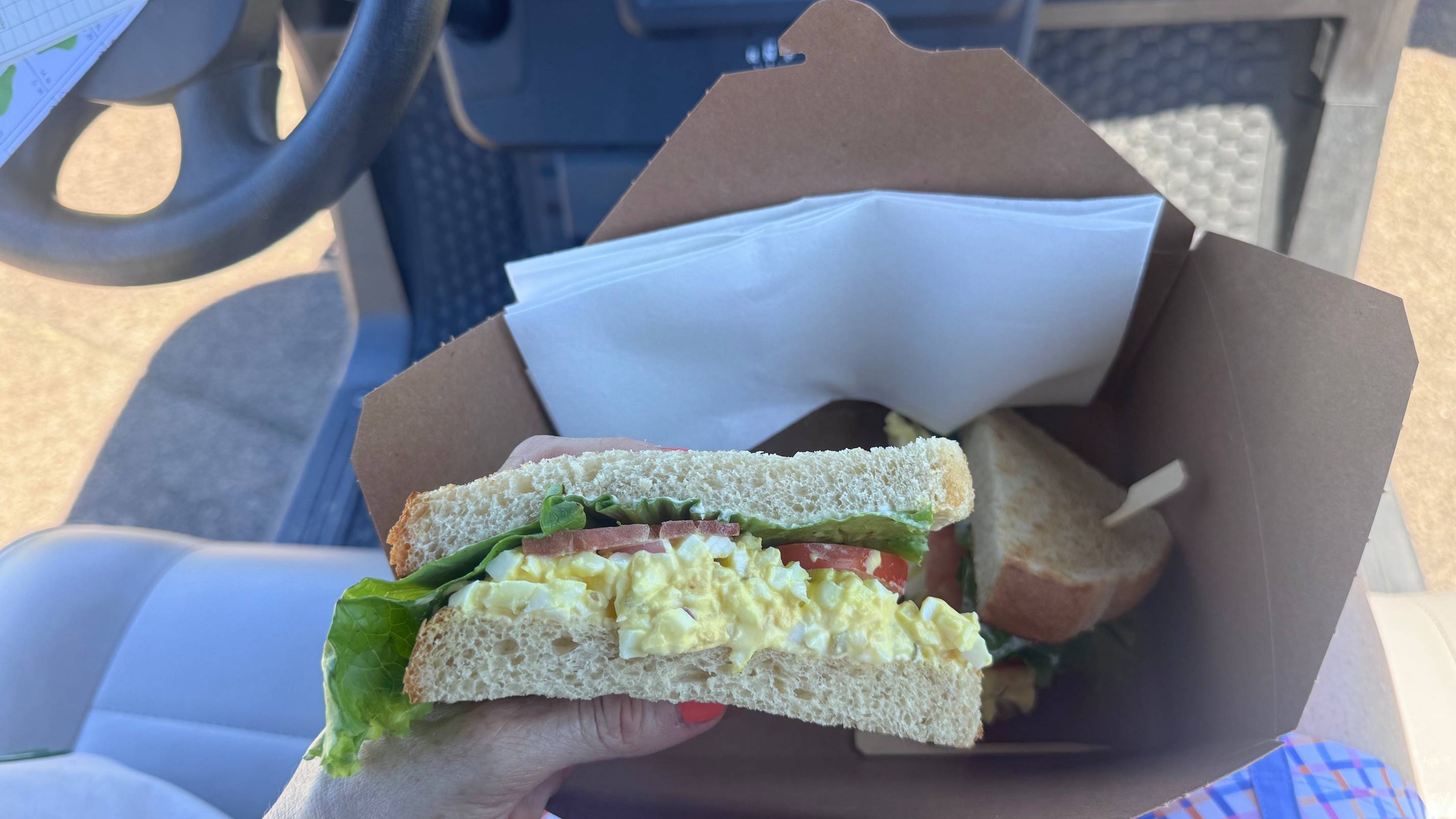 Golfer holding a sandwich in a buggy