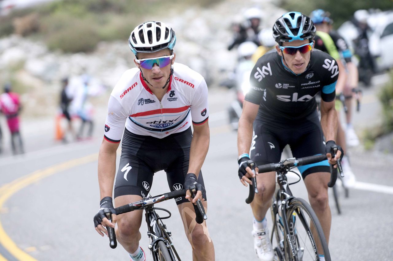 Julian Alaphilippe (Etixx-Quickstep) climbing with Sergio Henao before putting the hammer down