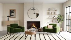 scandinavian style living room with circular mirror, fireplace, striped rug and green armchairs - with floating shelves to the right, and a large plant