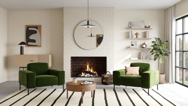 scandinavian style living room with circular mirror, fireplace, striped rug and green armchairs