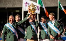 Team Ireland celebrates victory in the Longines FEI Jumping Nations Cup of Ireland at Dublin Horse Show.