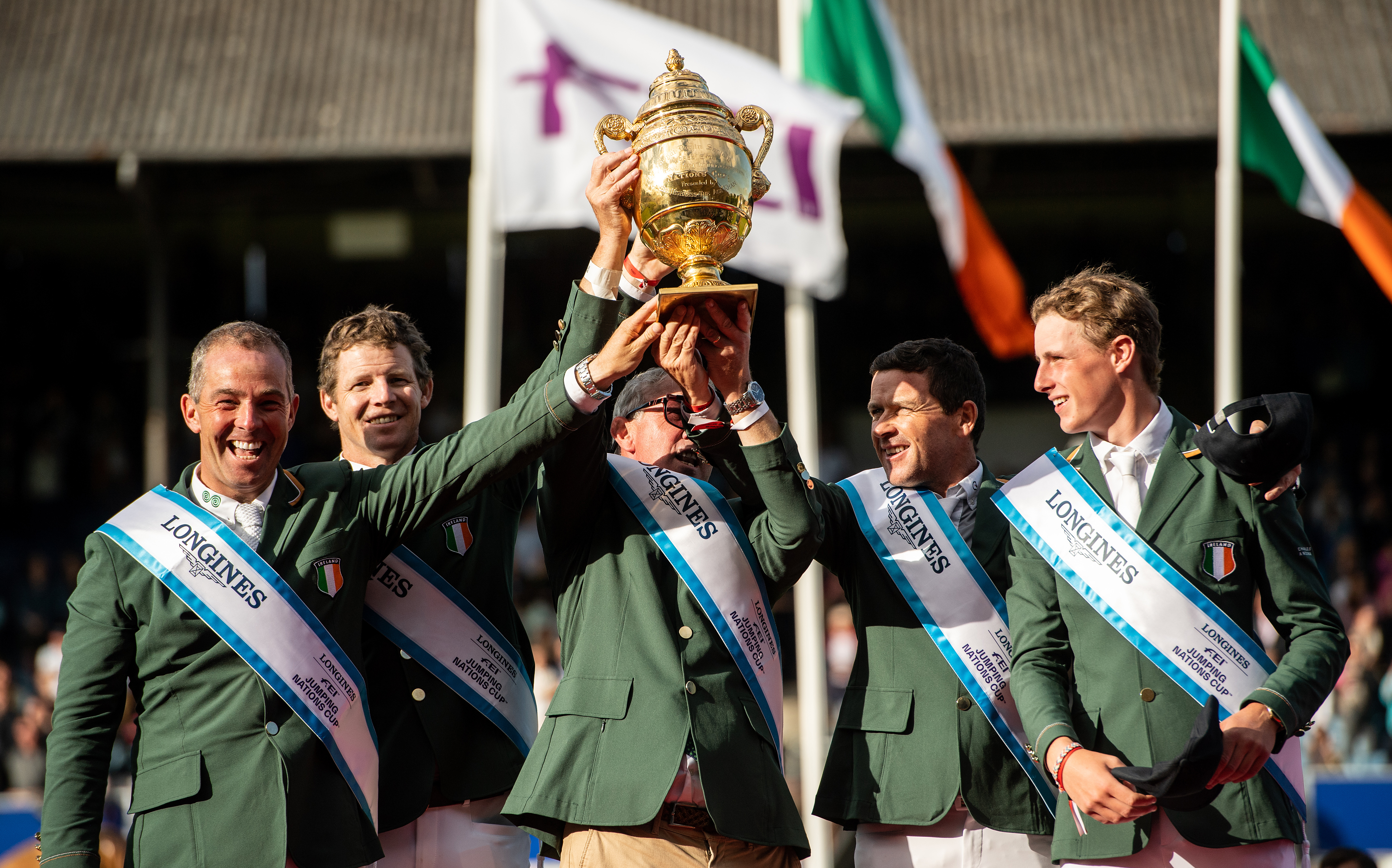 Team Ireland celebrates victory in the Longines FEI Jumping Nations Cup of Ireland at Dublin Horse Show.