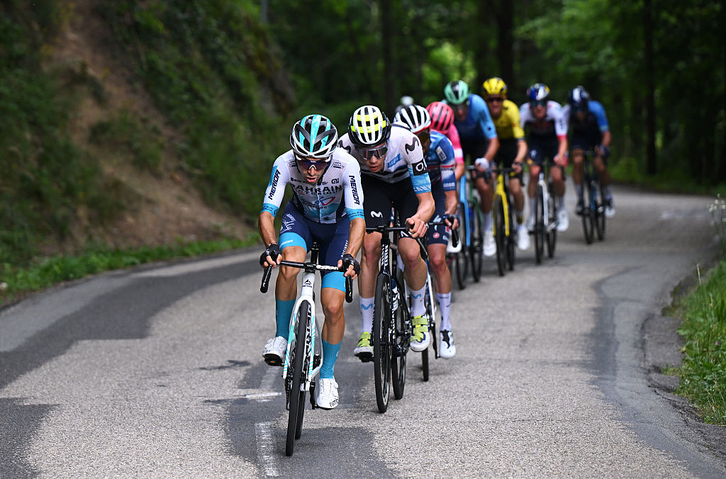 PLATEAU DU MONT-CENIS, FRANCE - JUNE 15: (L-R) Lenny Martinez of France and Team Bahrain - Victorious and Ivan Romeo of Spain and Team Movistar compete in the breakaway during the 77th Criterium du Dauphine 2025, Stage 8 a 133.3km stage from Val-d'Arc to Plateau du Mont-Cenis 2095m / #UCIWT / on June 15, 2025 in Plateau du Mont-Cenis, France.