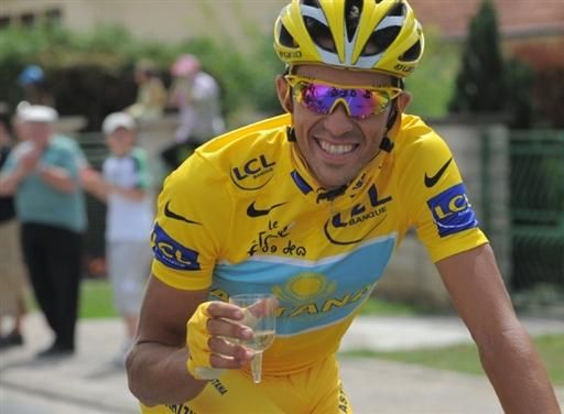 How sweet it is: Alberto Contador (Astana) drinks to his success