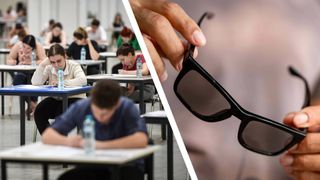Large number of students sustaining a written exam indoors of a huge hall and the Chamelo smart glasses
