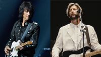 Jeff Beck performs on stage at Royal Albert Hall on May 14, 2014 in London, United Kingdom. )RIGHT: English guitarist Eric Clapton performs r at Wembley Stadium in London in June 1992. 