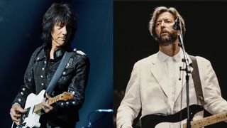 Jeff Beck performs on stage at Royal Albert Hall on May 14, 2014 in London, United Kingdom. )RIGHT: English guitarist Eric Clapton performs r at Wembley Stadium in London in June 1992. 