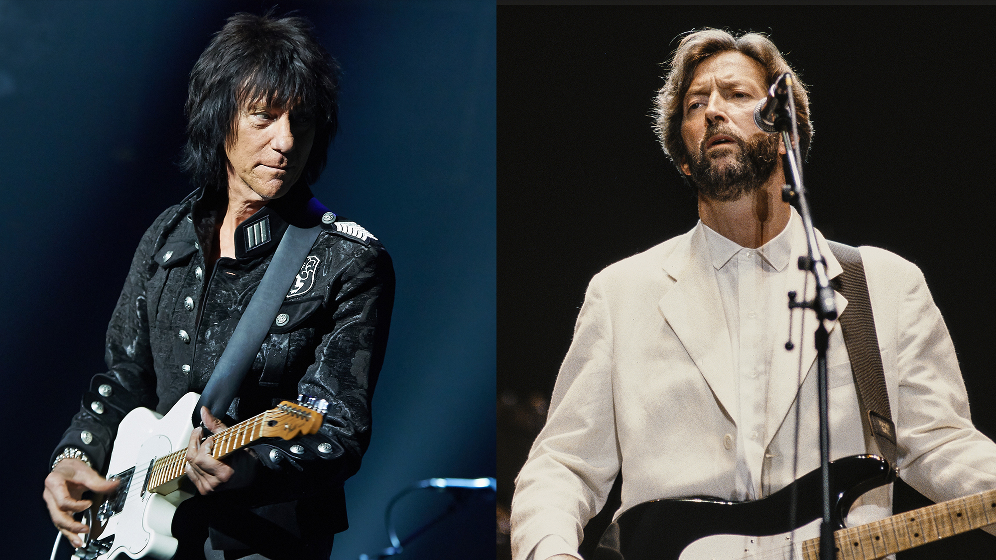 Jeff Beck performs on stage at Royal Albert Hall on May 14, 2014 in London, United Kingdom. )RIGHT: English guitarist Eric Clapton performs r at Wembley Stadium in London in June 1992. 