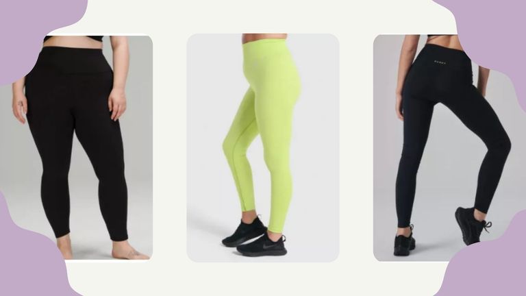 Composite image of three models wearing the best workout leggings on a white and green star background