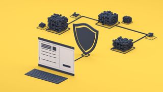 A conceptual image of a laptop connecting to a VPN then connecting to the internet against a yellow background