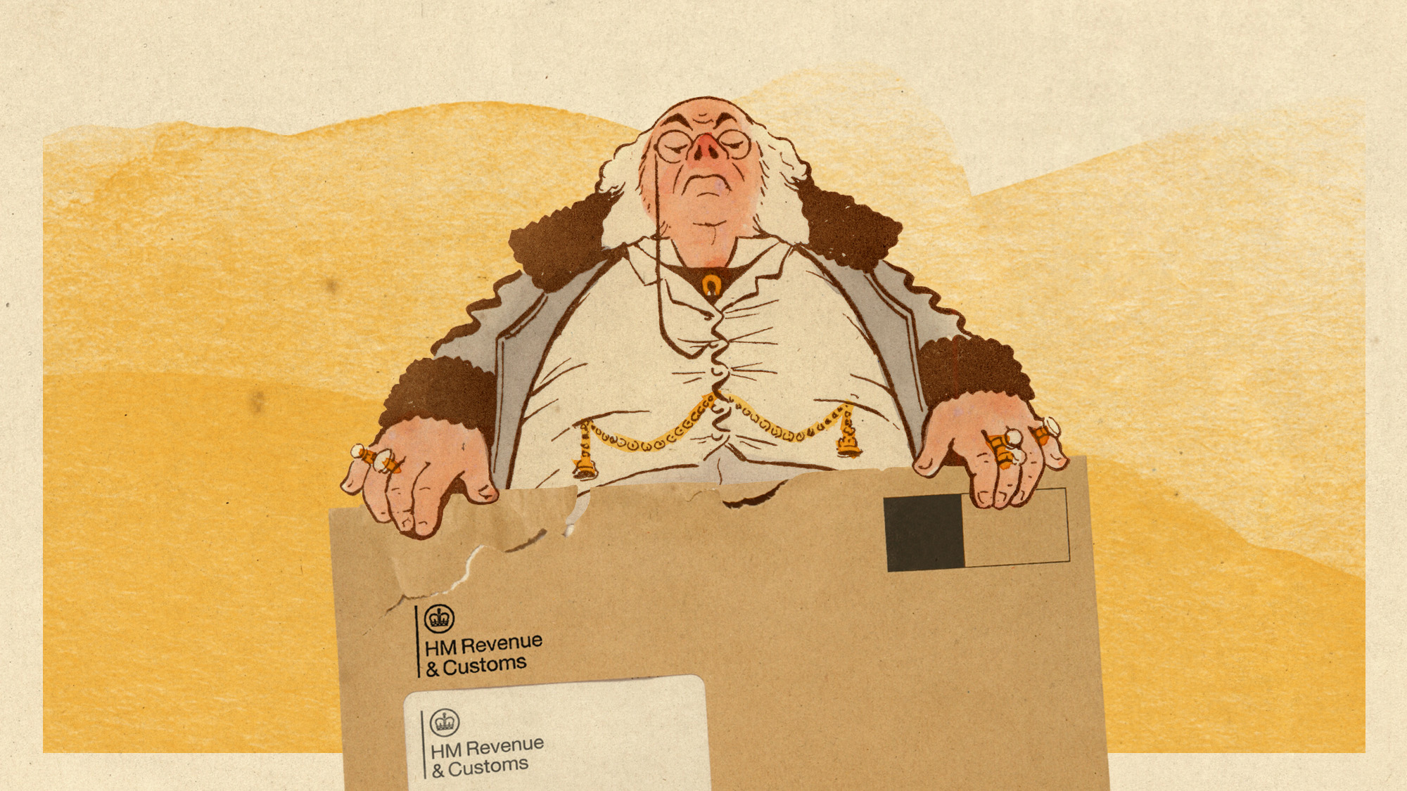 Photo collage of an HMRC envelope and a Victorian caricature of a sneering wealthy landowner