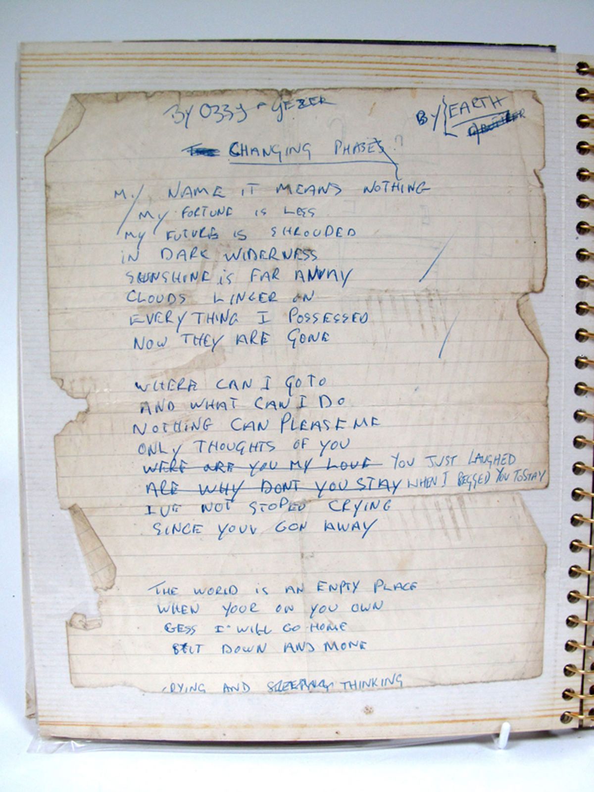 Handwritten lyrics to the song Changing Phases, later re-named Solitude