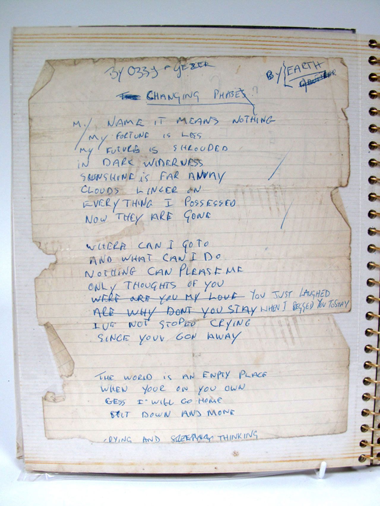 Handwritten lyrics to the song Changing Phases, later re-named Solitude