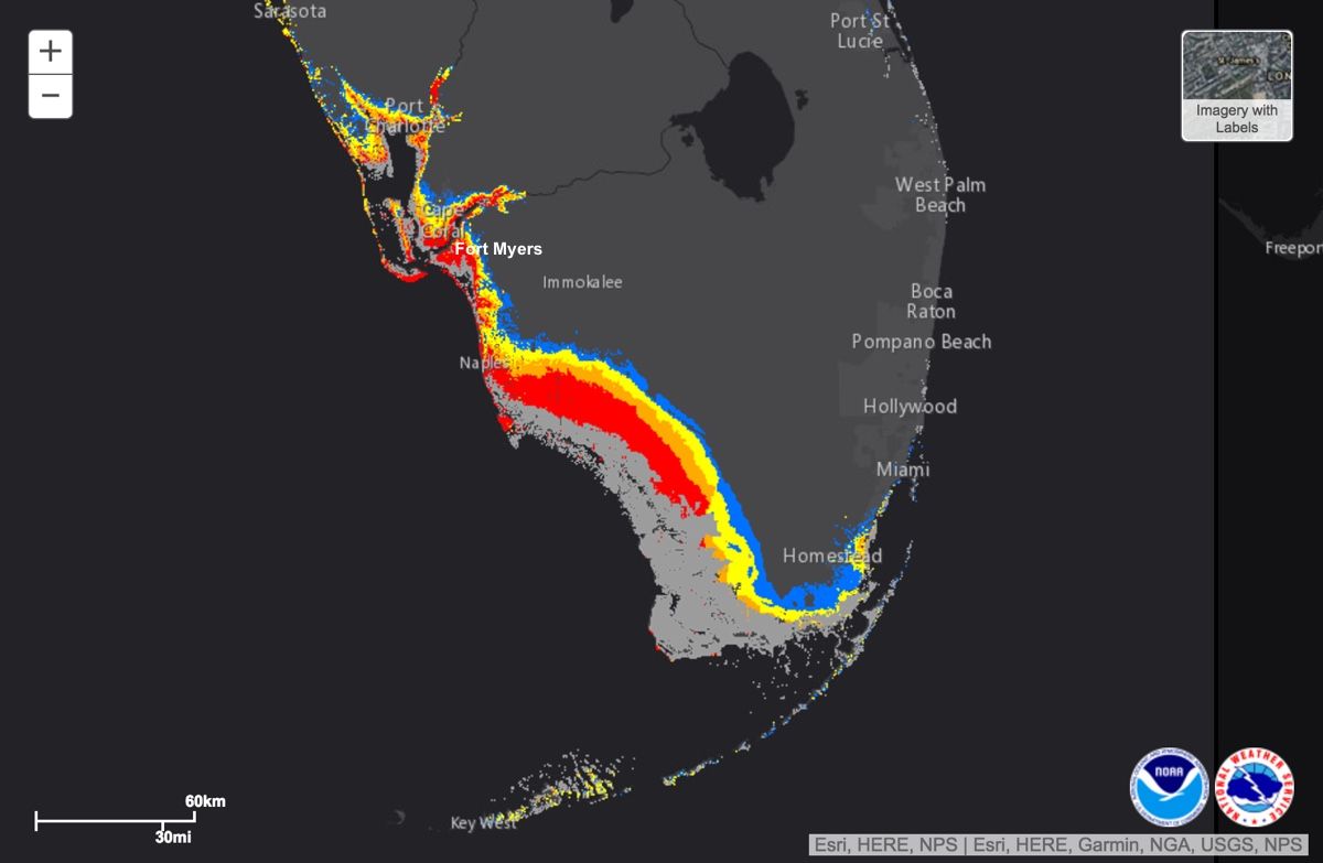 Here, a map showing potential storm surge due to Hurricane Irma, with the coastline from Naples to Fort Myers expect to get hit the hardest by surge. Red indicates the highest surge of 9 feet and greater.