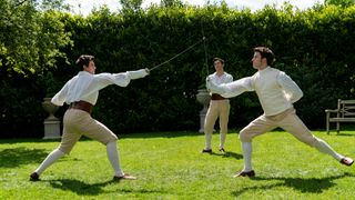 The Bridgerton brothers practice fencing in Bridgerton season 2.
