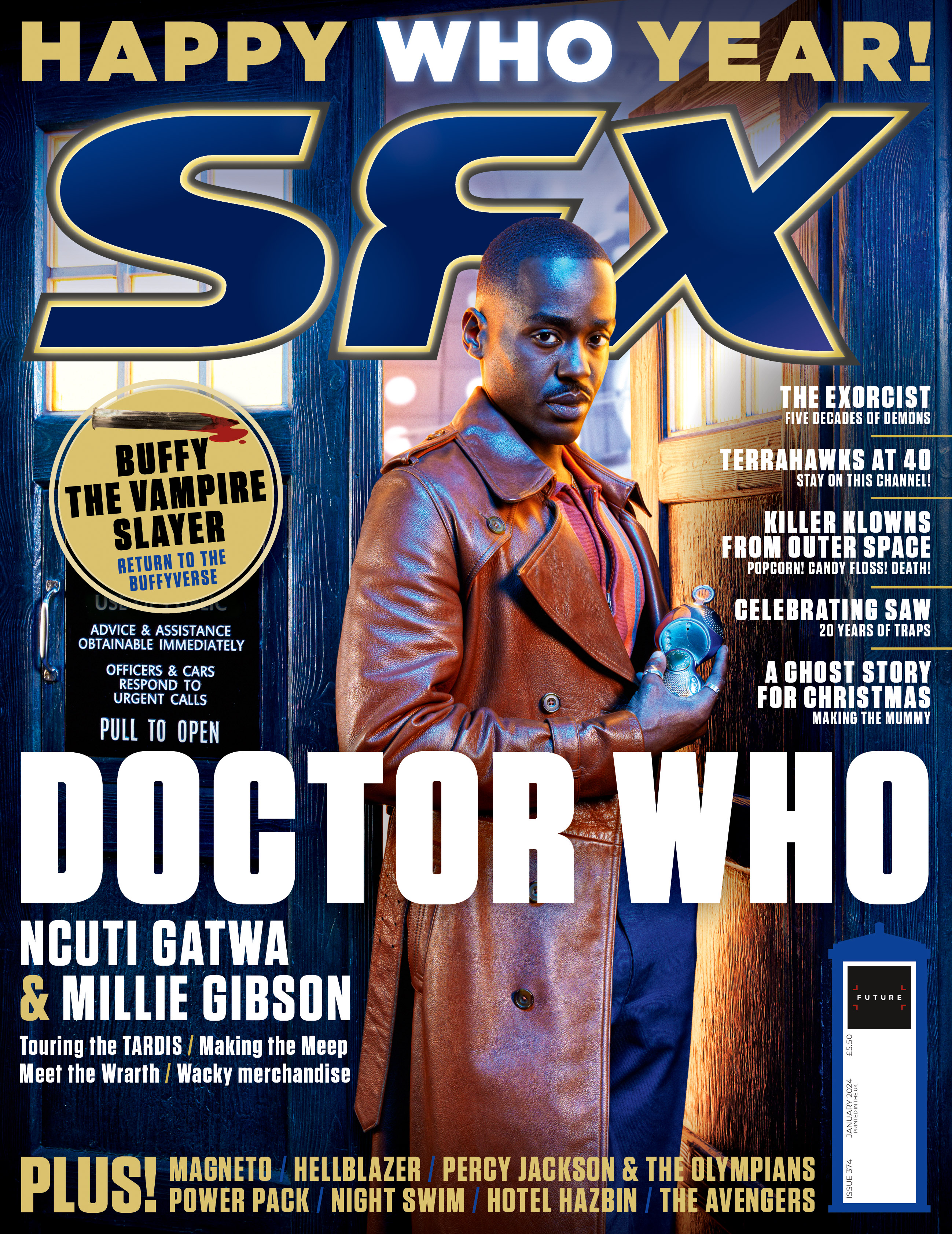 Ncuti Gatwa's Doctor standing in front of the TARDIS, holding his sonic screwdriver.