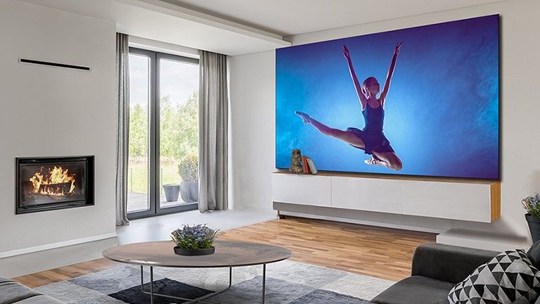 Massive display in fancy living room settings.