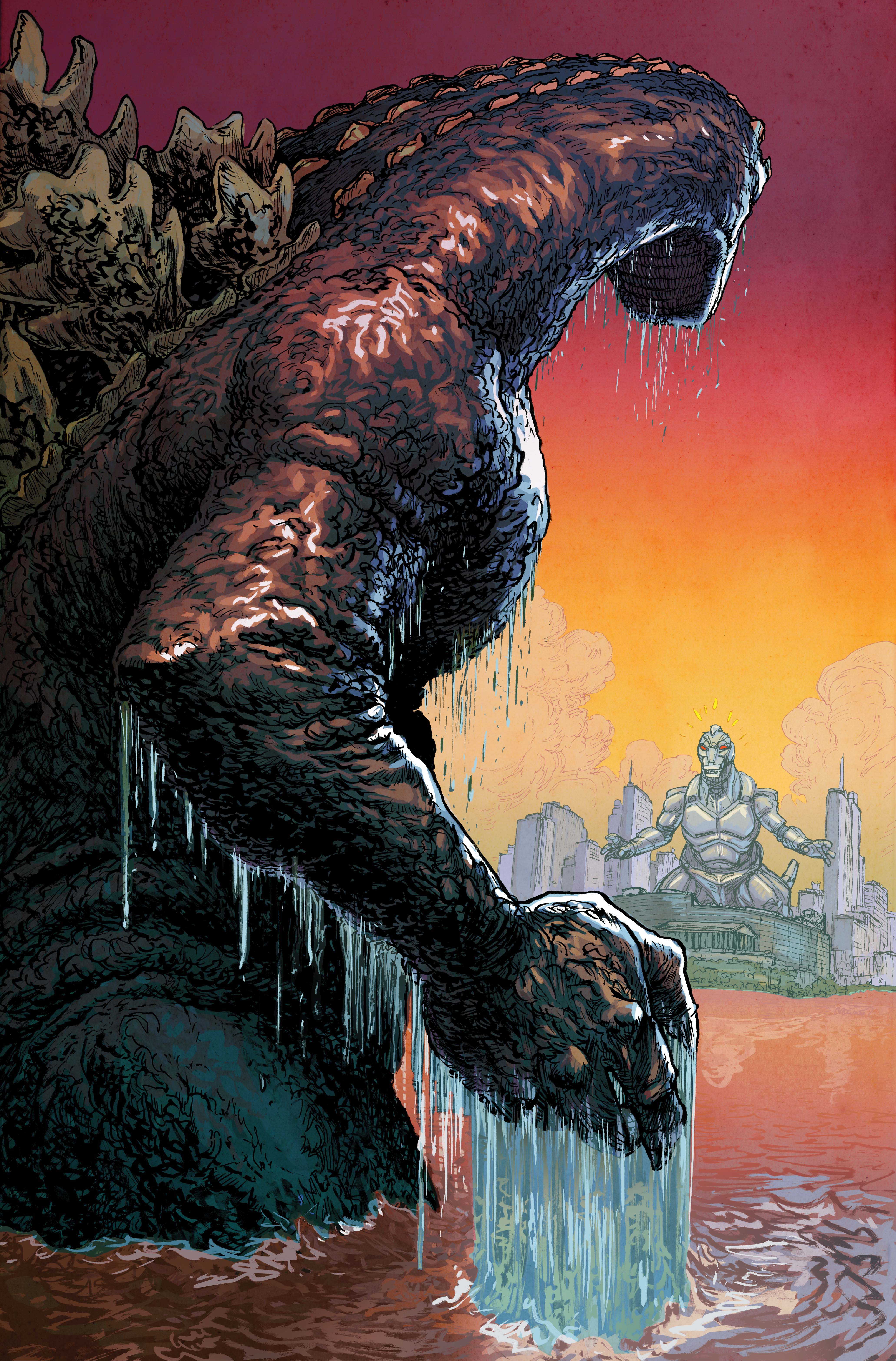 Godzilla se enfrenta a Mechagodzilla en una portada variante exclusiva de Godzilla vs. America: Chicago #1 de Ryan Braun.